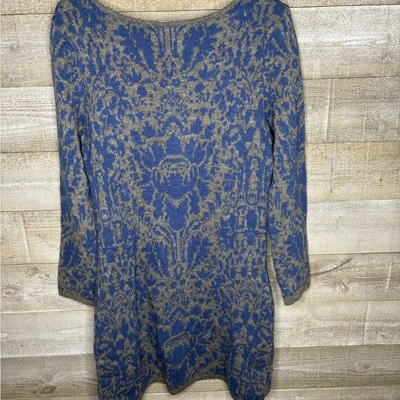 Sundance large lambswool blend blue printed boho sweater dress - Picture 3 of 3